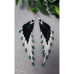 Zcech Glass Seed Beads Black/Green  Earrings. Long 5.5 In